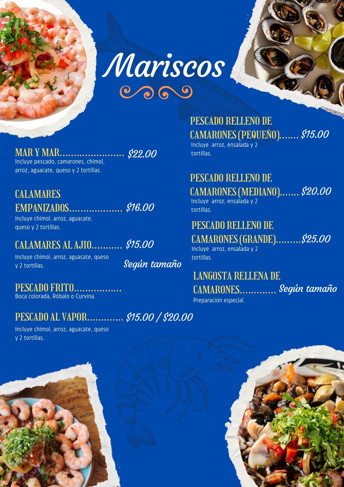 Carta de mariscos y especialidades de Conchódromo Cristy