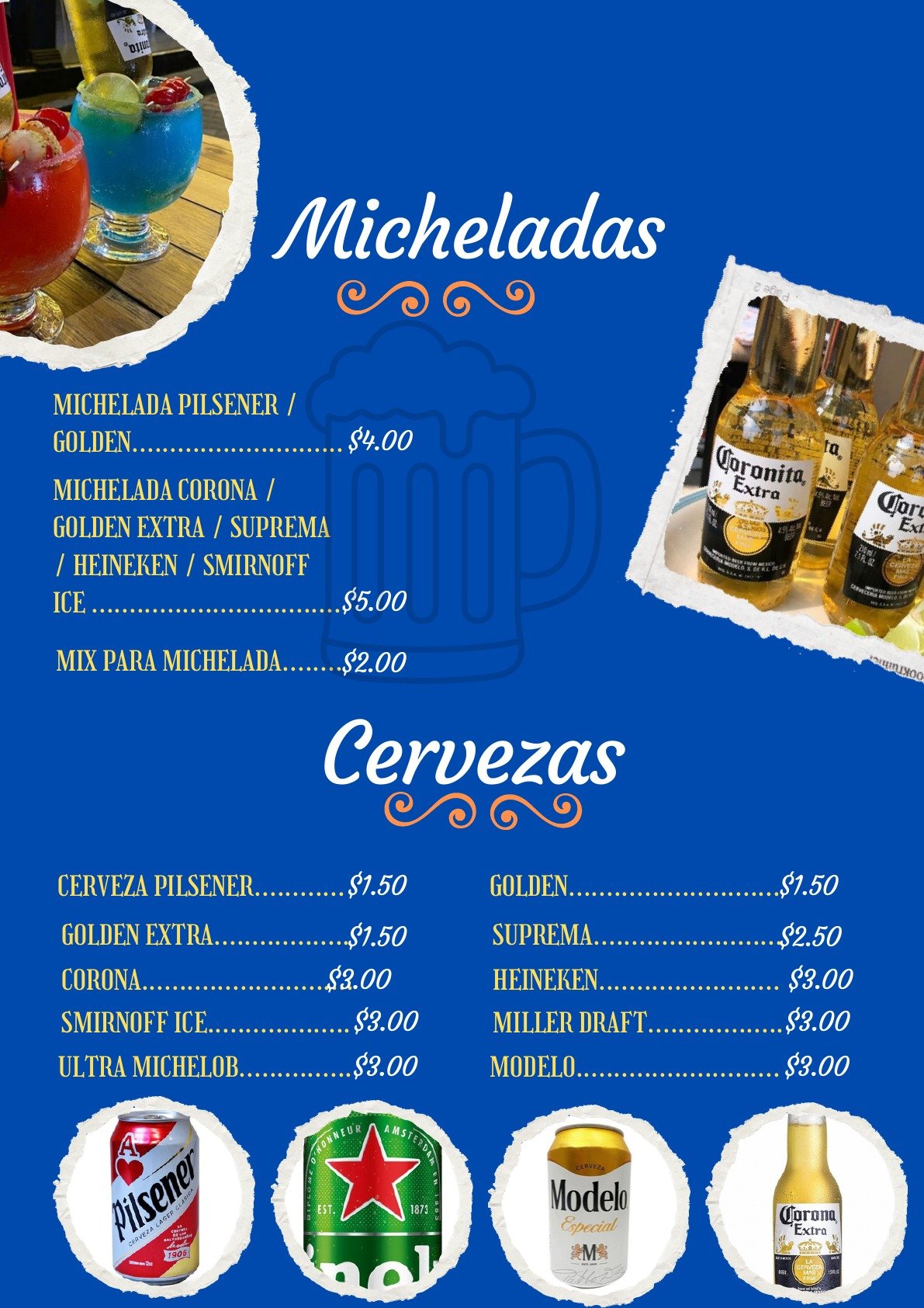 Carta de micheladas y cervezas de Conchódromo Cristy