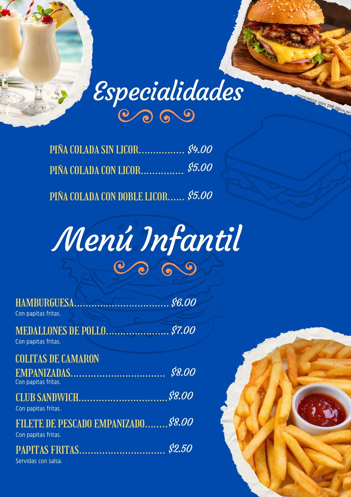 Carta de especialidades y menú infantil de Conchódromo Cristy